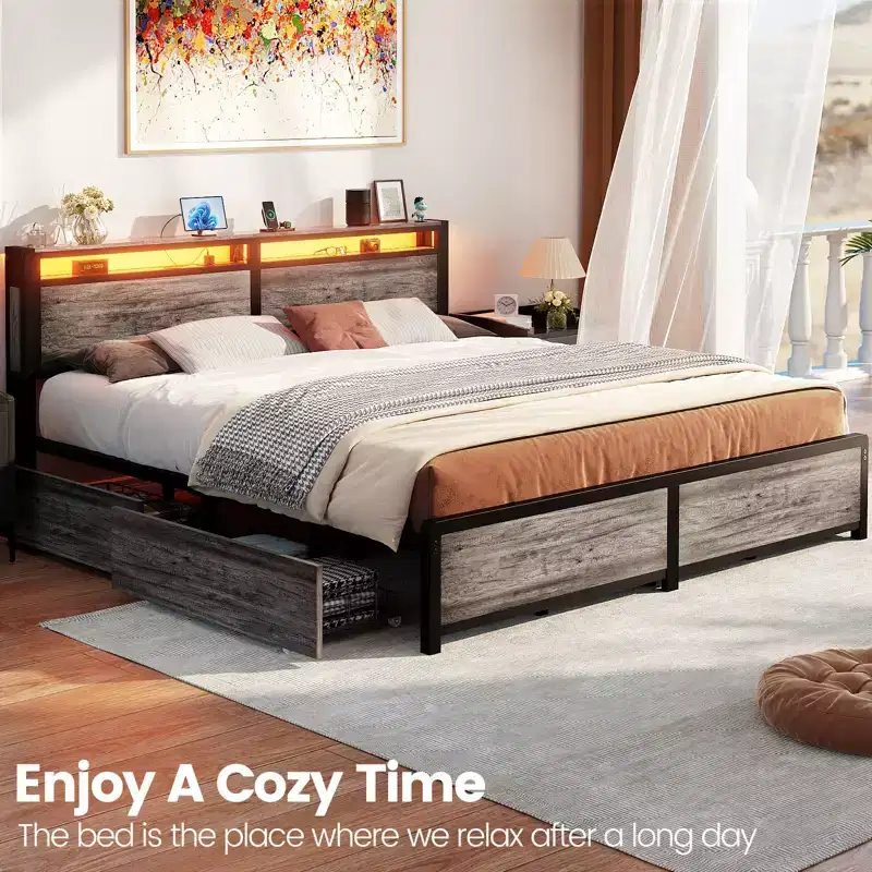 Platform Bed Frame with Storage Drawers, Charging Station and RGB LED Headboard