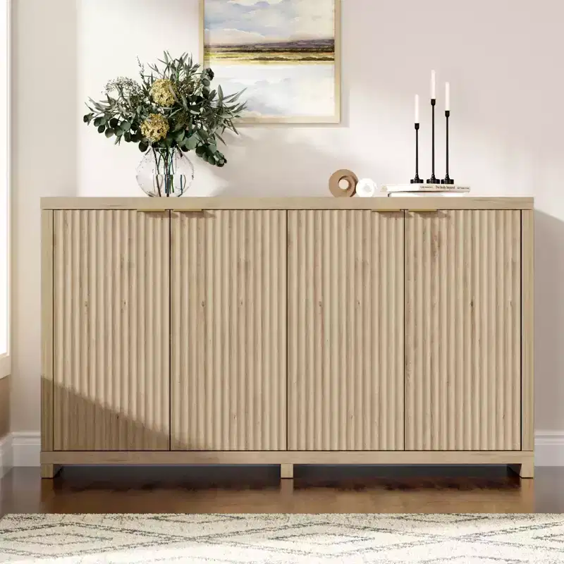 Modern Fluted Buffet Cabinet With Storage, 4 Soft-close Doors, Adjustable Shelves, Thick Top, Cable Management, 15.6 Deep Sideboard For Kitchen