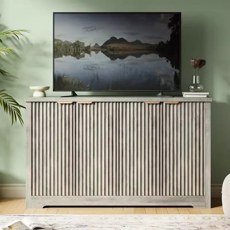 4 Doors Accent Sideboard Buffet, Fluted Modern Credenza with Doors & Shelves, Wood Storage Console, for Living Room, Entryway, Hallway