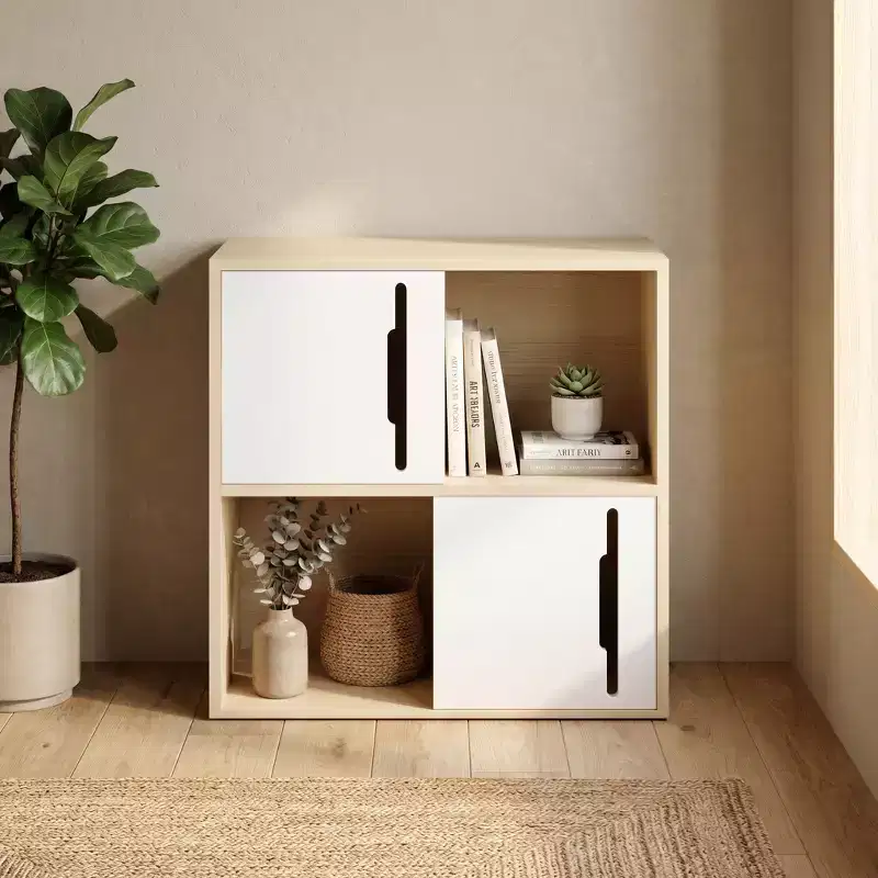 JVNOXK 2-Tier Wooden Storage Cabinet with Sliding Doors, Natural Wood & White Organizer for Living Room, Bedroom & Kids' Room