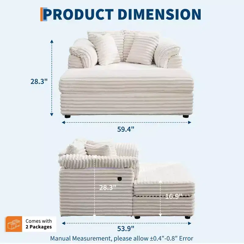 Oversized Chaise Lounge Chair Indoor, Comfy Corduroy Lounge Sofa, Throw Pillows, Supportive Armrests, for Living Room, Movie Room, Bedroom