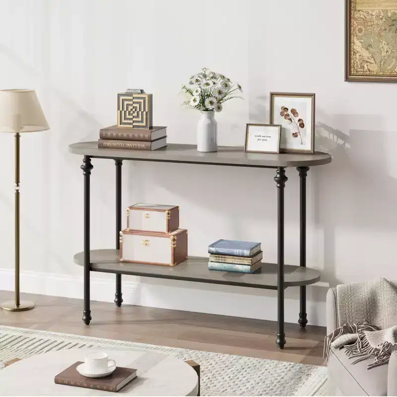 Entryway Table, 43.3 Console Table with Storage, 2 Tier Sofa Table with Metal Frame and MDF, Behind Couch Table for Living Room, Hallway -Grey
