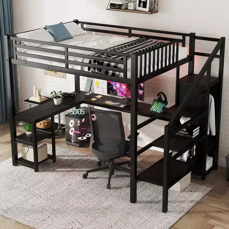 Metal Full Loft Bed with Wardrobe, LED Light, L-Shaped Desk and USB