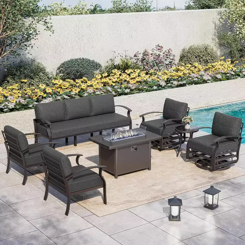 ALAULM 7-Seat Aluminum Patio Furniture Set, Modern Metal Outdoor Conversation Sets w/45in Propane Fire Pit Table
