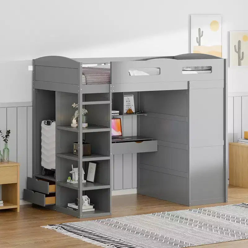 Loft Bed with Desk and Wardrobe, WoodenLoft Bed with Drawers and 4 Shelves for Kids Teens Adults
