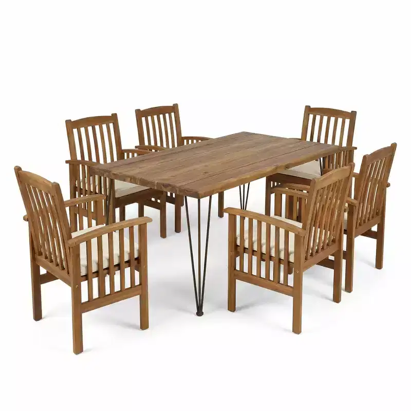 Christopher Knight Home Yeye Rustic 7 Piece Patio Acacia Wood Dining Set with Cushions
