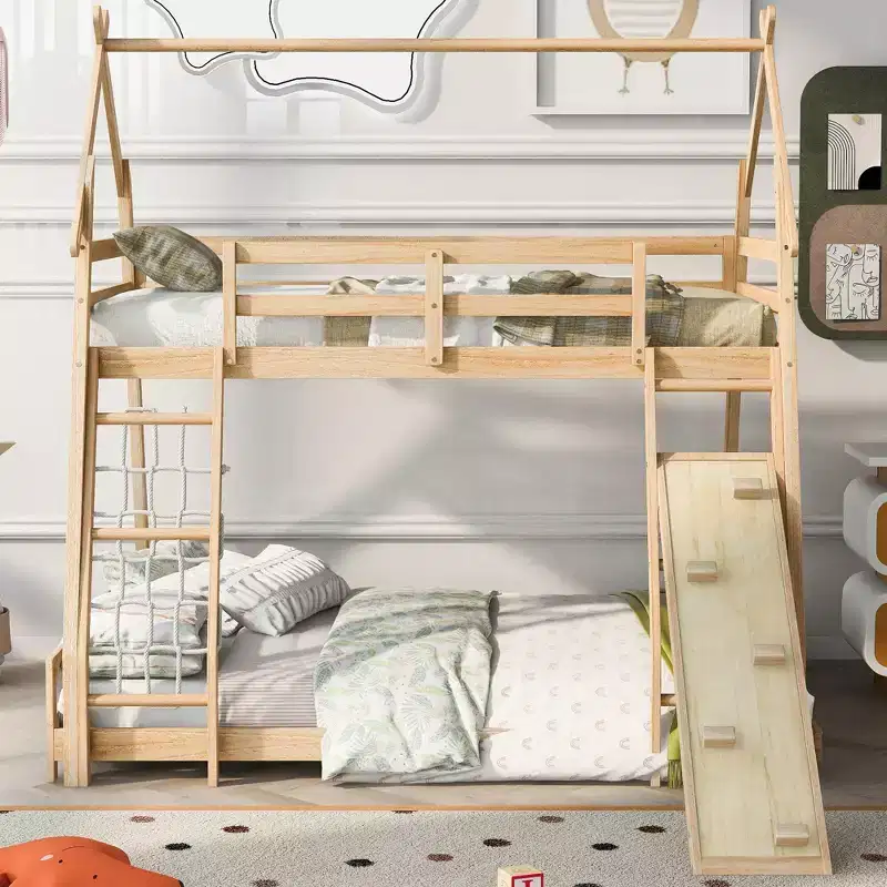 Twin Over Queen House Bunk Bed with Climbing Nets and Ramp