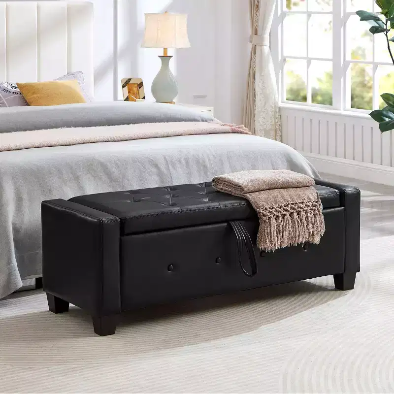 Wood & Faux Leather Storage Ottoman Bench 17''H x 18.1''W x 48''D