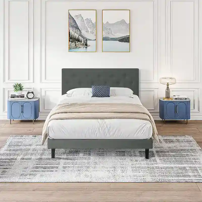 Dark Gray Twin Size Upholstered Bed Frame with Button Tufted Linen Headboard