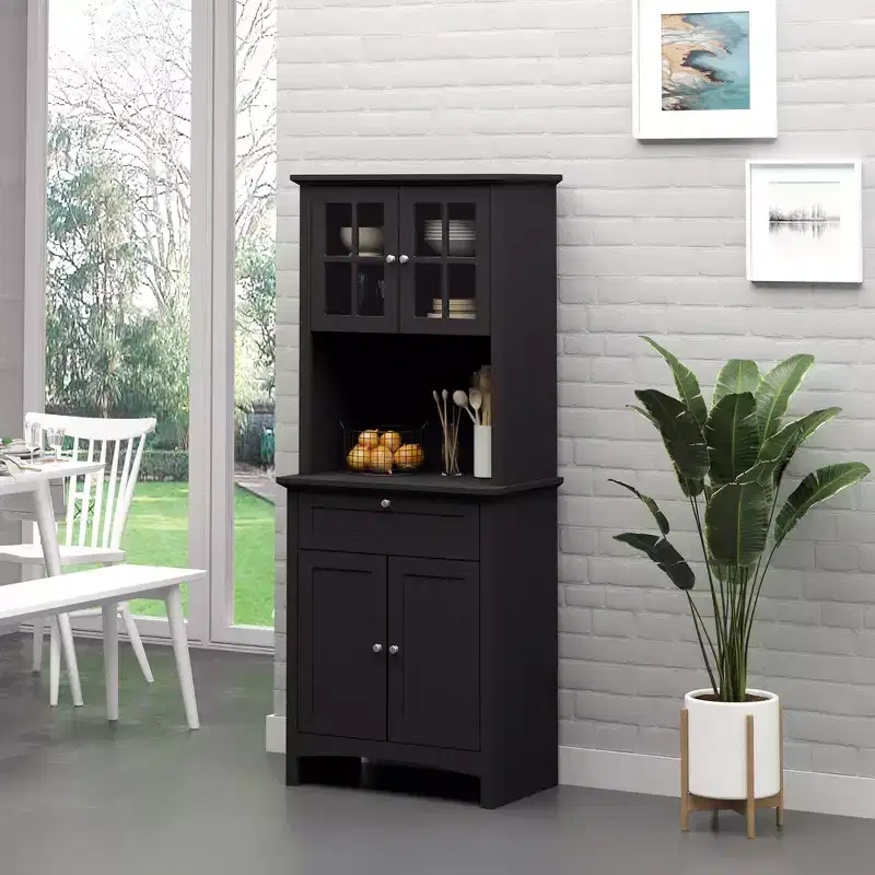 Elegant Buffet with Hutch, Kitchen Pantry Storage Cabinet with Framed Glass Door Drawer and Microwave Space