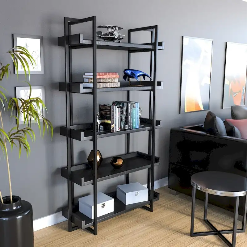 Black Metal & Wood 5-Tier Ladder Shelf