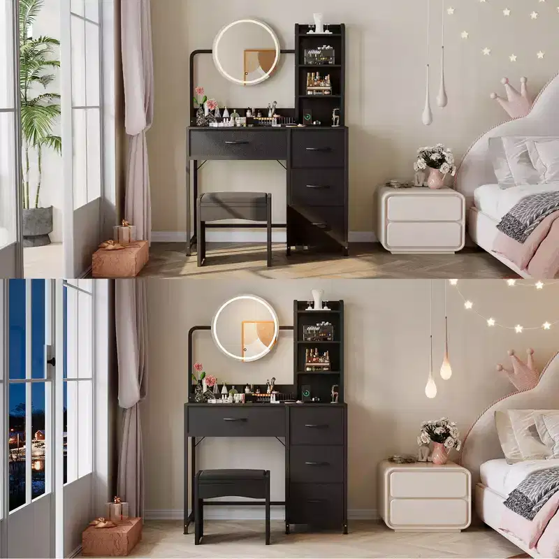 Modern Vanity Desk with Mirror, 4 Fabric Drawers, Storage Shelves, for Bedroom, Living Room