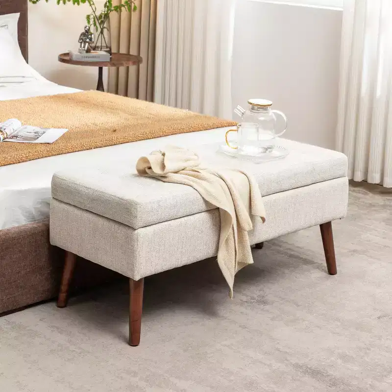 43.3W Storage Bench for Bedroom, End of Bed Bench, Entryway Ottoman with Solid Wood Legs, Linen/PU Leather Upholstery, 300lbs Capacity - ModernLuxe