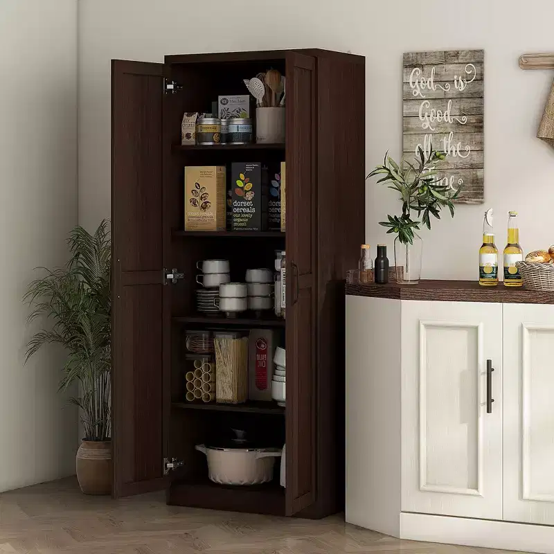 63 2-Door Kitchen Pantry, Freestanding Storage Cabinet with 5-tier Shelving and 2 Adjustable Shelves for Dining Room