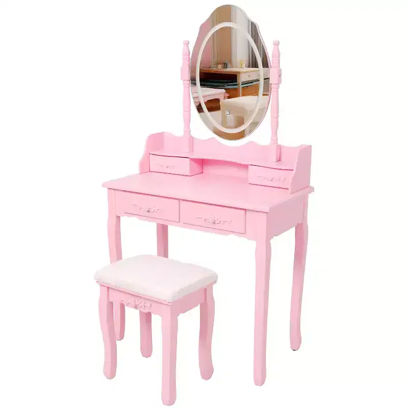 Modern Makeup Vanity Desk with Mirror and Lights, 4 Drawers, Matching Stool for Girls' Rooms, Pink Finish, Dimmable Lighting