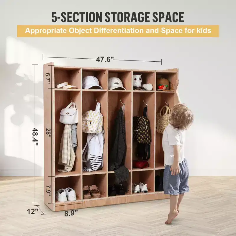 5 Section Wooden Kids Coat Locker Cubby, 5 Sections, 5 Hooks, 4 Wheels, and 2 Storage Boxes, for Home, School