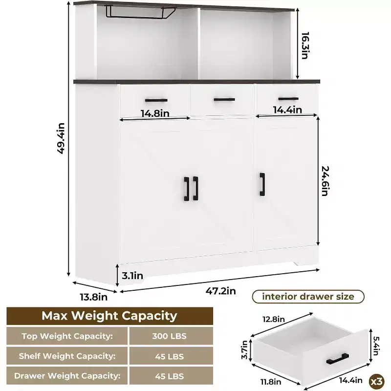 Brown/White & Dark Brown & Washed Ash Barn Door Sideboard Cabinet with 3 Drawers & 3 Doors – Single