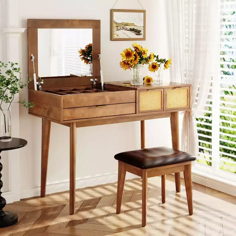 43W Dressing Table Vanity Table Makeup Table Set with Cushioned Stool, Flip-top Mirror, 3 Drawers and Storage Compartment, White/Brown-ModernLuxe
