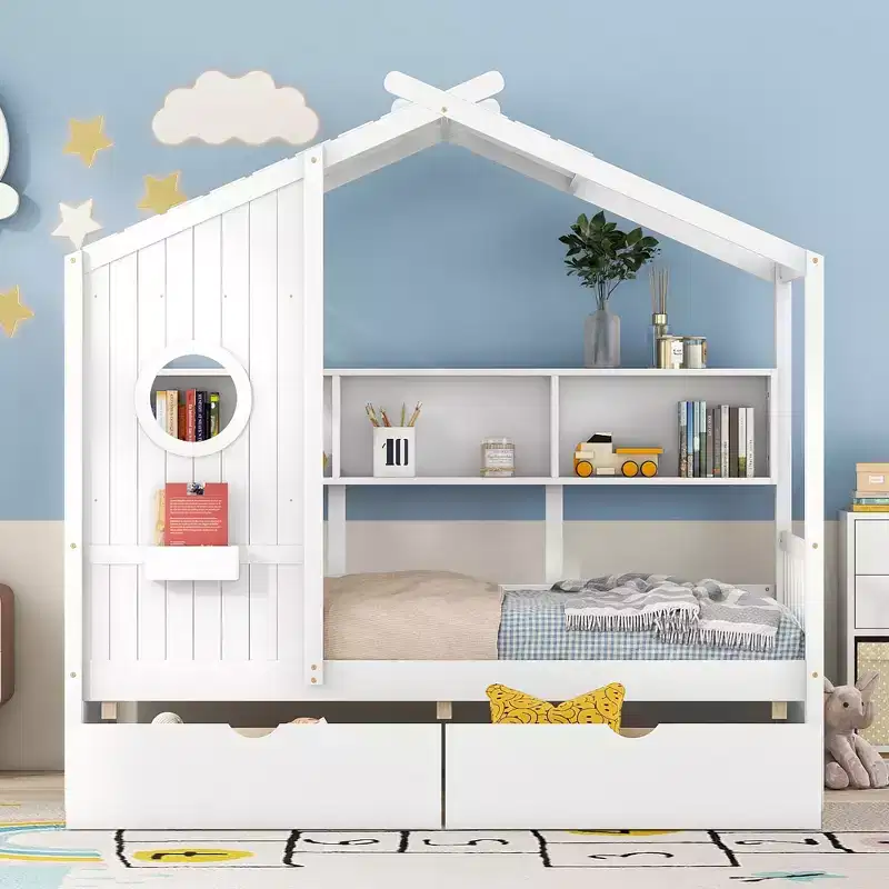 House Bed with Roof and Window, Wooden Daybed Frame with Shelves and 2 Drawers for Kids Girls Boys, White
