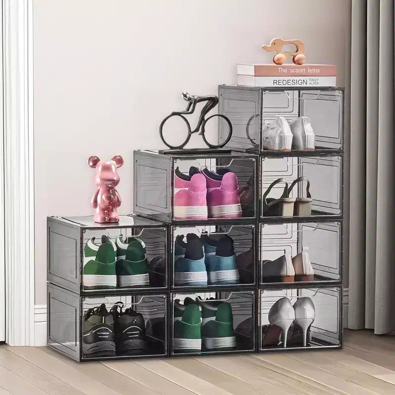 9 Pack Clear Stackable Shoe Storage Boxes with Magnetic Door, Fit up to US Size 13, Transparent Black