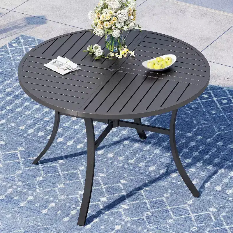 Captiva Designs Patio Dining Set with Slat-top Steel Table & Metal Chairs with Cushions
