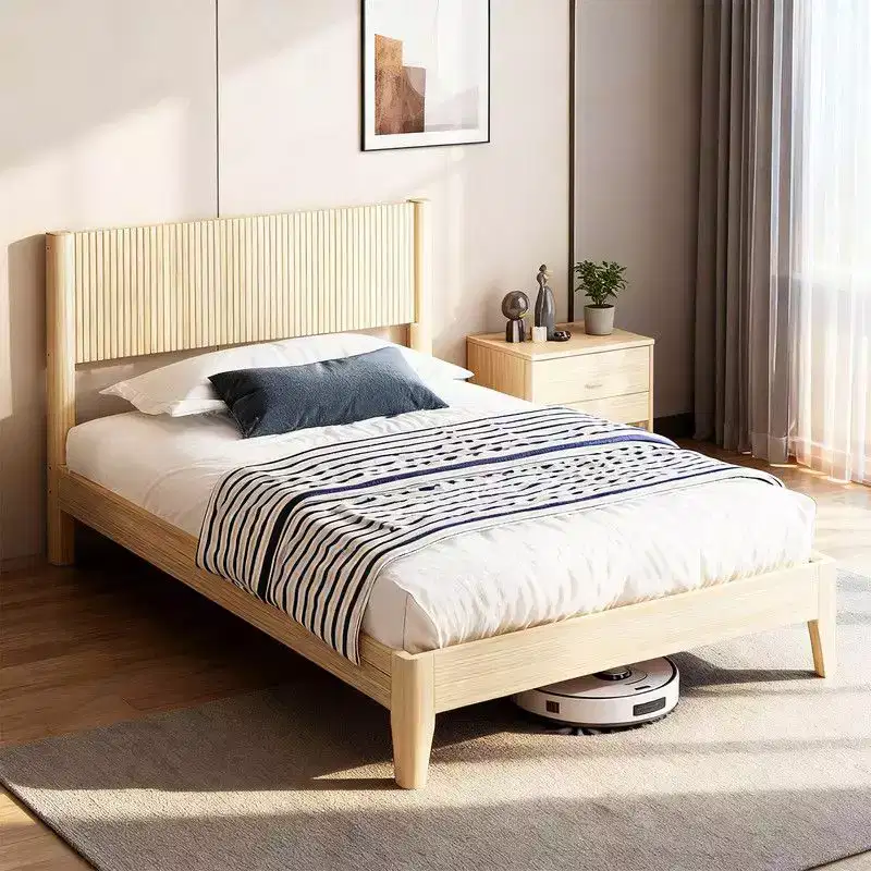 Solid Wood Twin Bed Frame Platform Bedframe with Headboard Grille Style
