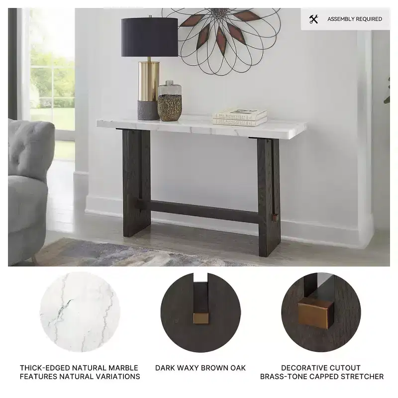 Burkhaus Sofa Table, Natural Marble Top, Dark Brown Oak Console for Living Room