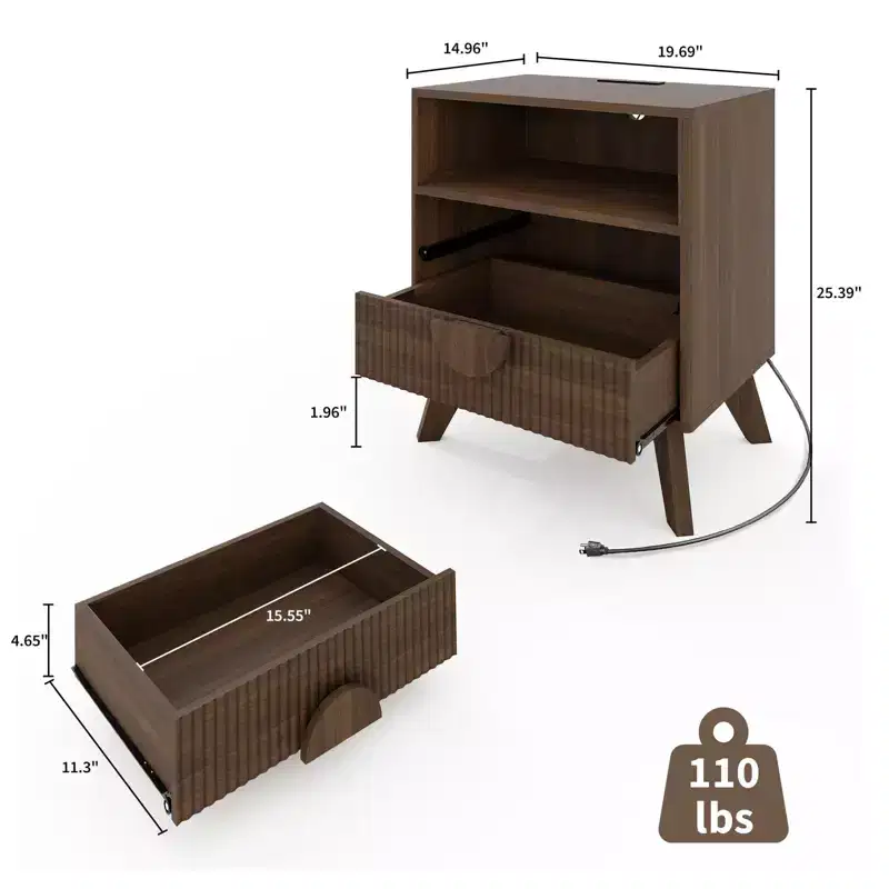 Fluted Nightstand, Tall Wood Bedside Table with Charging Station  USB Ports & Outlets, 2 Drawers & Open Shelf, Modern End Table for Bedroom