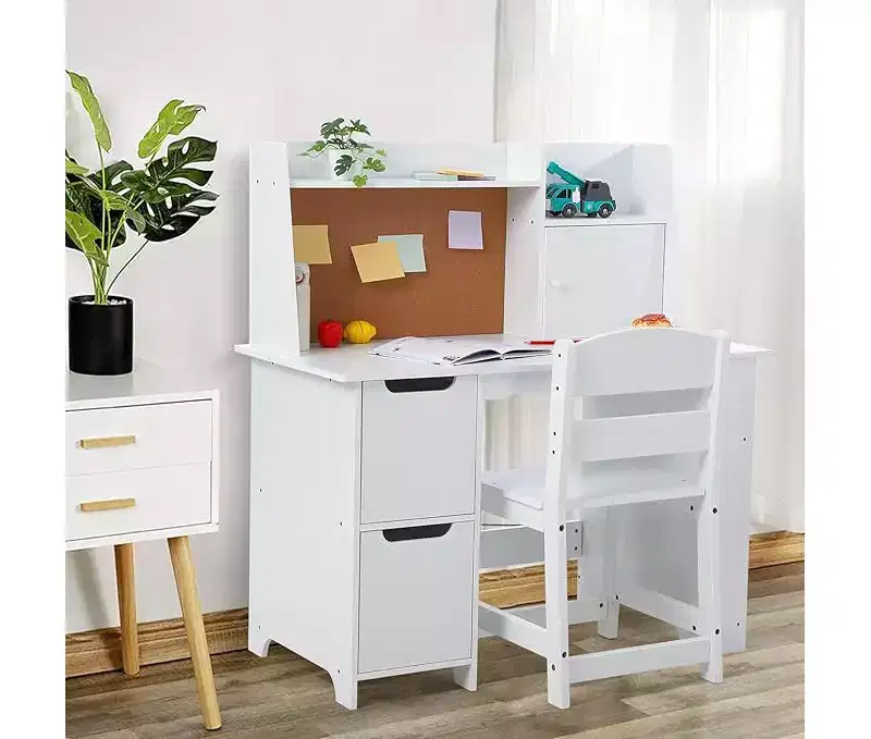 Kids desk and Chair Set, Wooden Kids Desk with Hutch, Bookshelf, Storage Cabinets & Cork Board, Writing Desk for Boys and Girls