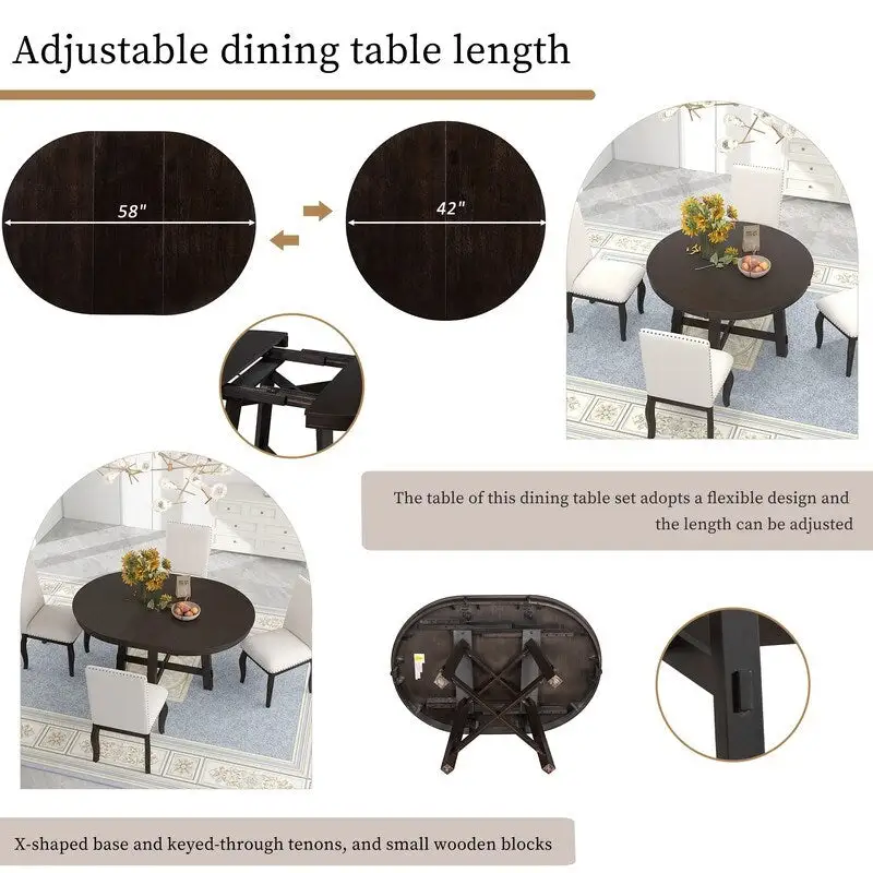 Round Extendable Dining Table with X-Base and Leaf Insert