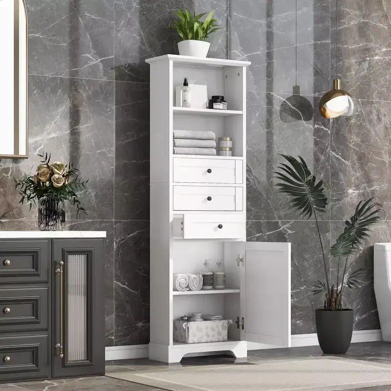 Freestanding Bathroom Cabinet with 3 Drawers, Tall Storage Cabinet with Adjustable Shelves, White