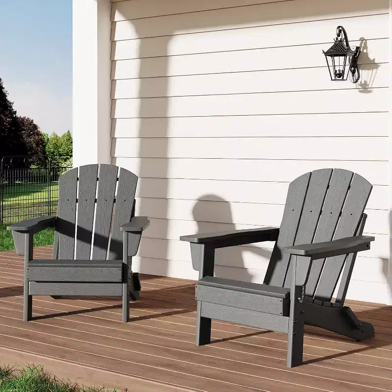 Acekool Folding Adirondack Chairs set of 2, HDPE Plastic Outdoor Chair Wood Texture, 380lbs, Patio/Deck/Backyard