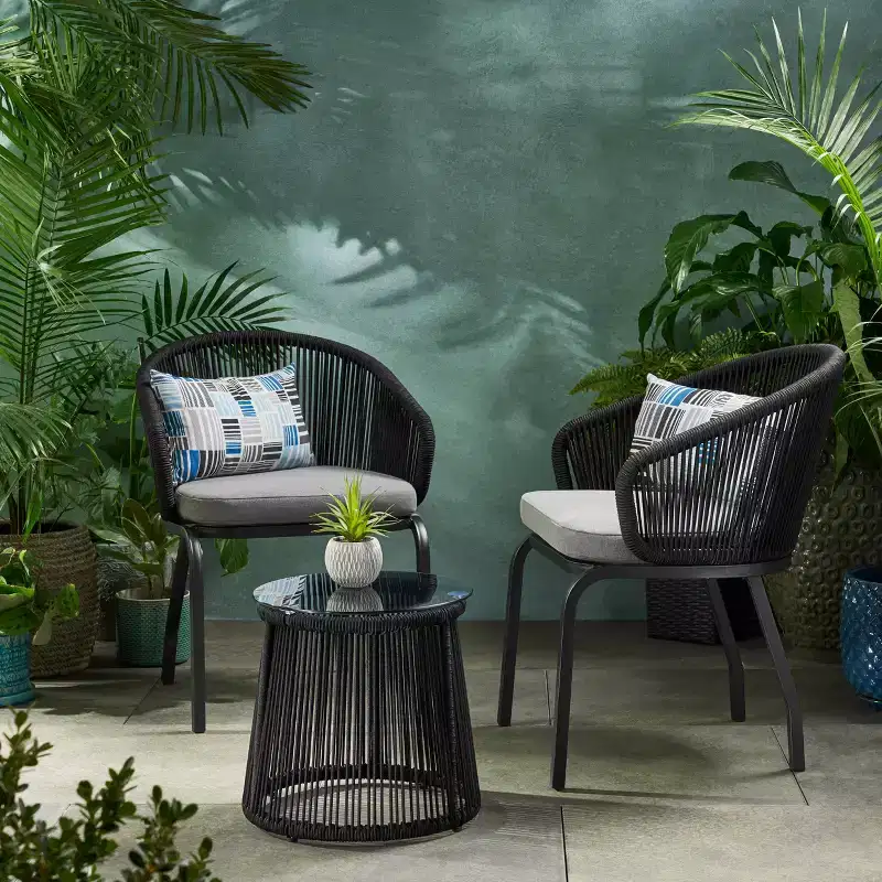 Christopher Knight Home Skycrest Outdoor Rope and Glass 3 Piece Chat Set with Cushion, Black/Gray