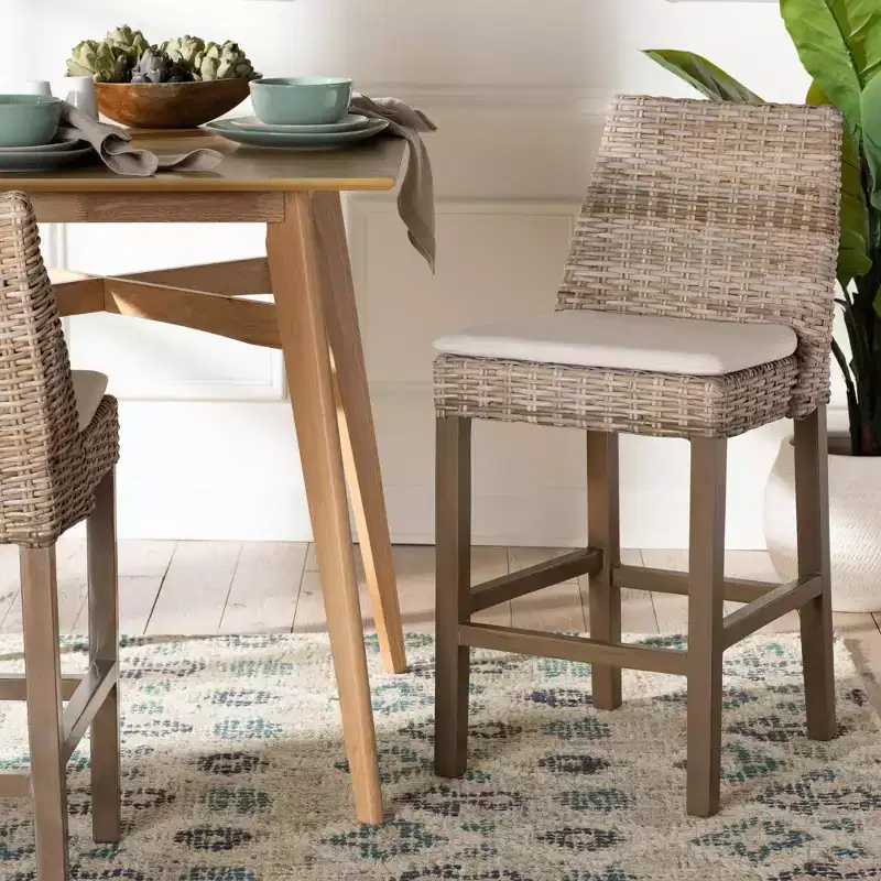 Rattan and Mahogany Wood Counter Height Barstool, Kubu Gray/Rustic Taupe