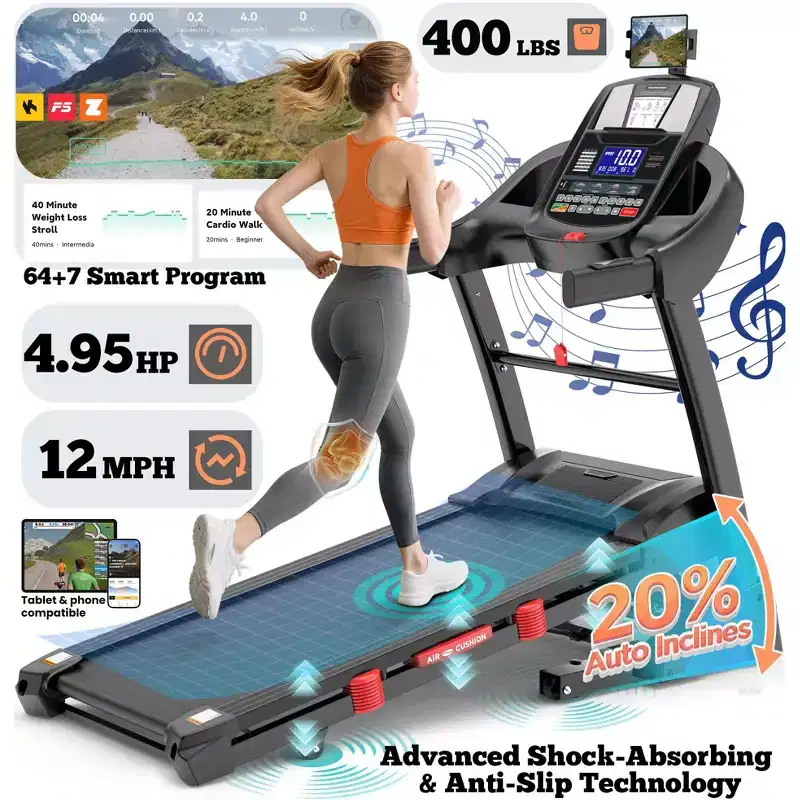 4.95HP Foldable Home Treadmill with Auto Incline, 10MPH, Smart App Control, 400 lb Capacity, Compact Walking Running Machine