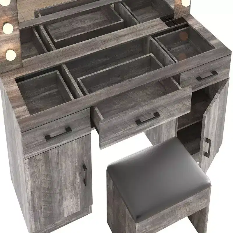 Gray Linen Particleboard with Triamine 3 Drawers, 2 Doors, with 12 Tri-color Dimmable Light Bulbs, Rows of Plugs, Glass-topped Vanity Table Set