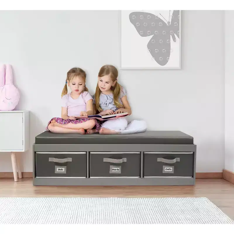 Kids' Storage Bench with Cushion and Three Bins Gray