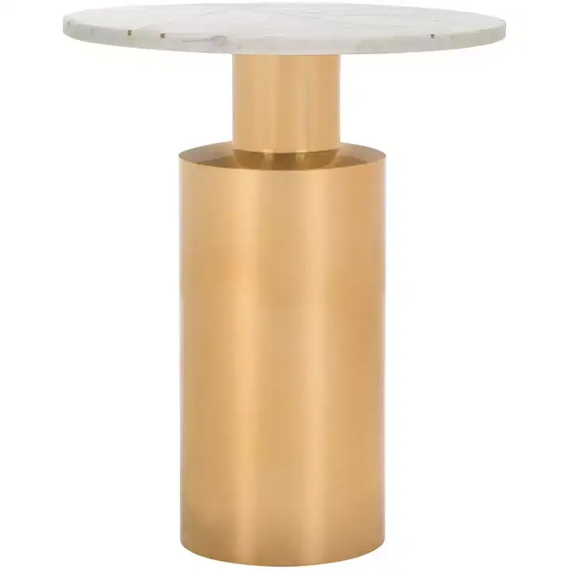 Round Marble & Brass Top Side Table with Copper Pedestal Base, Modern Accent Table