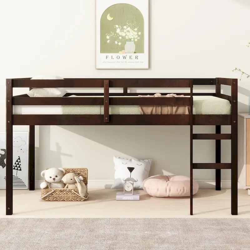 Rubber Wood & Plywood Twin Loft Bed with Ladder, Reinforced Slat Platform