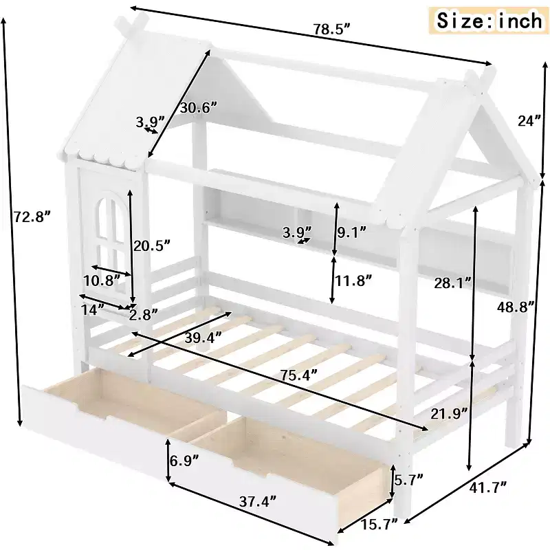 House Platform Bed with Storage Drawers and Window, Solid Wood Frame with Shelves, Childlike Fun Design, Light White