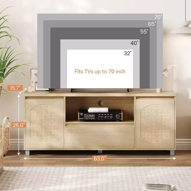 GustoWave Rattan TV Stand for up to 70 TVs, Boho Entertainment Center with Adjustable Shelf & Storage Drawer, Oak