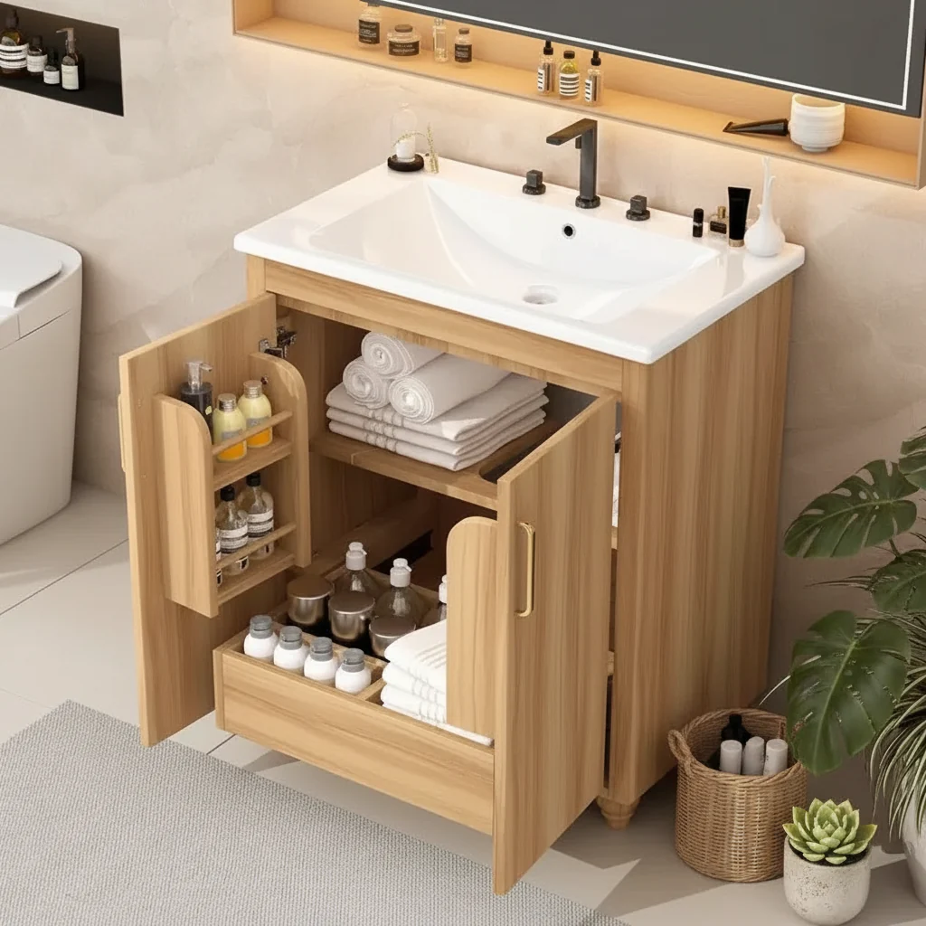 30-Inch Bathroom Vanity with Sink, Cabinet, Drawer & MDF Construction – Natural Finish