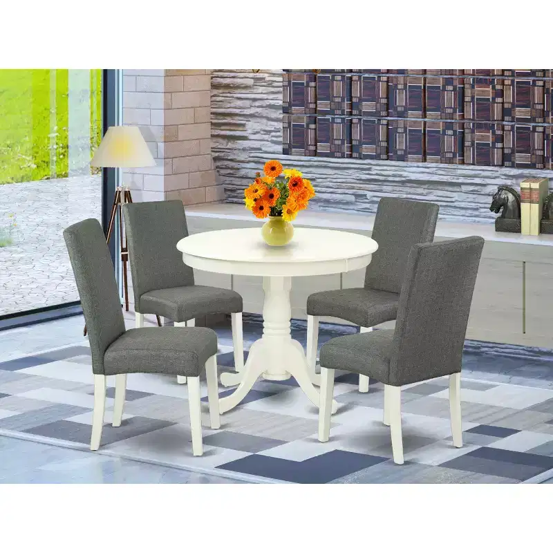 HomeStock 5 Piece Dinette Set Linen White Round Table Gray Chairs