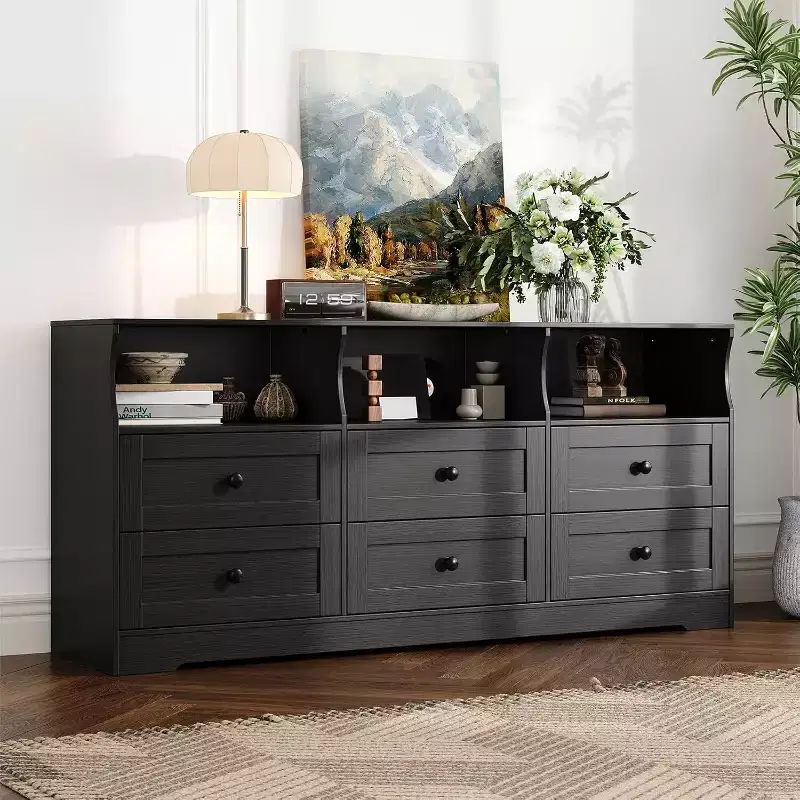 6-Drawer Slim Dresser, with Open Shelf for Bedroom Nursery & Closet, Black