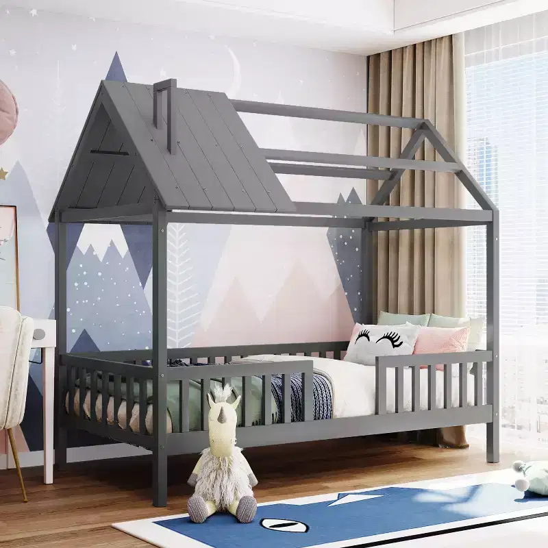 Okak Twin Size Solid Wood House Bed Frame with Proof & Fence,Cute Platform Bed for Kids Room,Bedroom