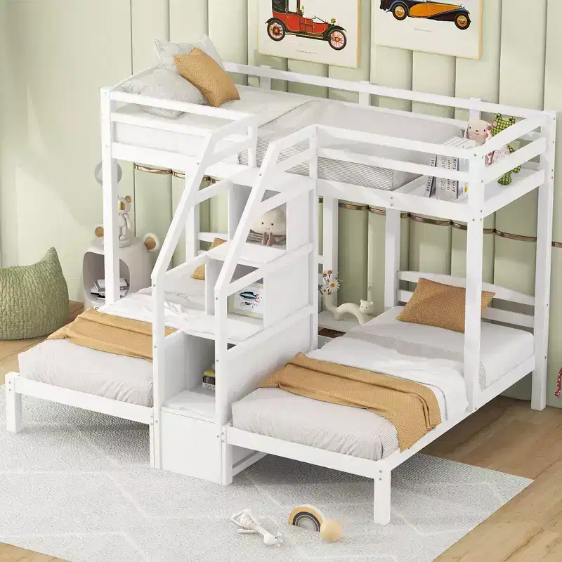 Twin over Twin & Twin Bunk Bed with Built-in Staircase and Storage Drawer - White