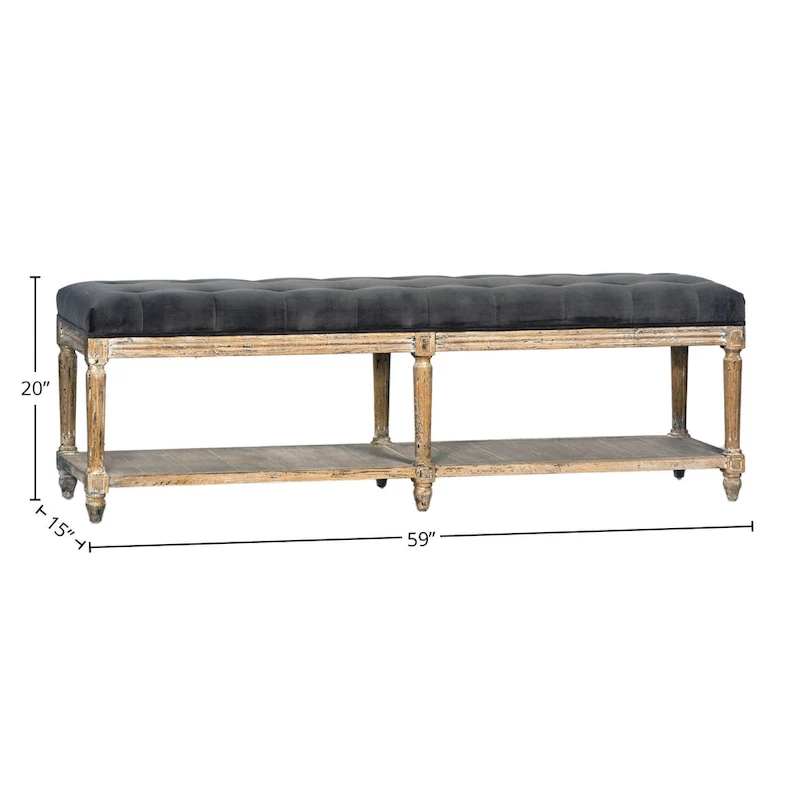 Mariel Upholstered Bench with Tufting and Shelf, Charcoal Grey