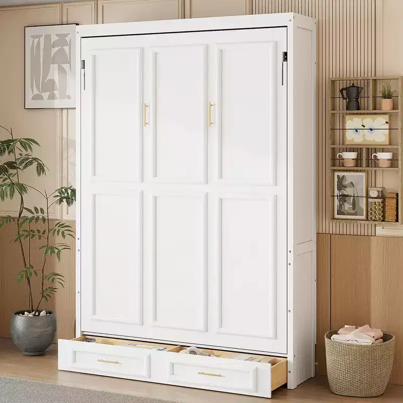 Elegant Full Size Murphy Bed with 2 Drawers, Beige