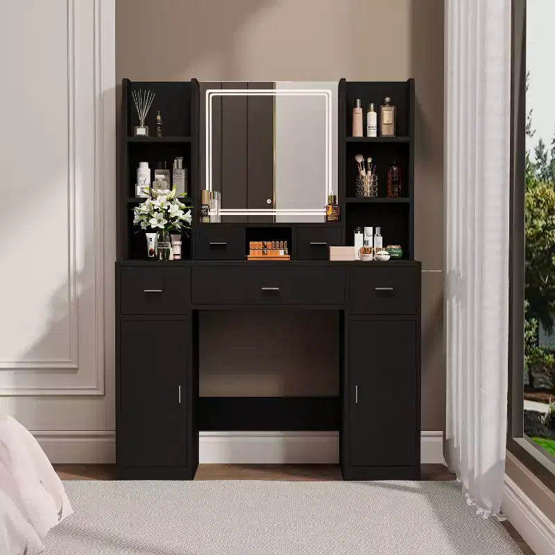 Okak Vanity Set with USB Charging Station, 5-Drawer Makeup Desk, 2 Cabinets & LED Mirror for Bridal Gift