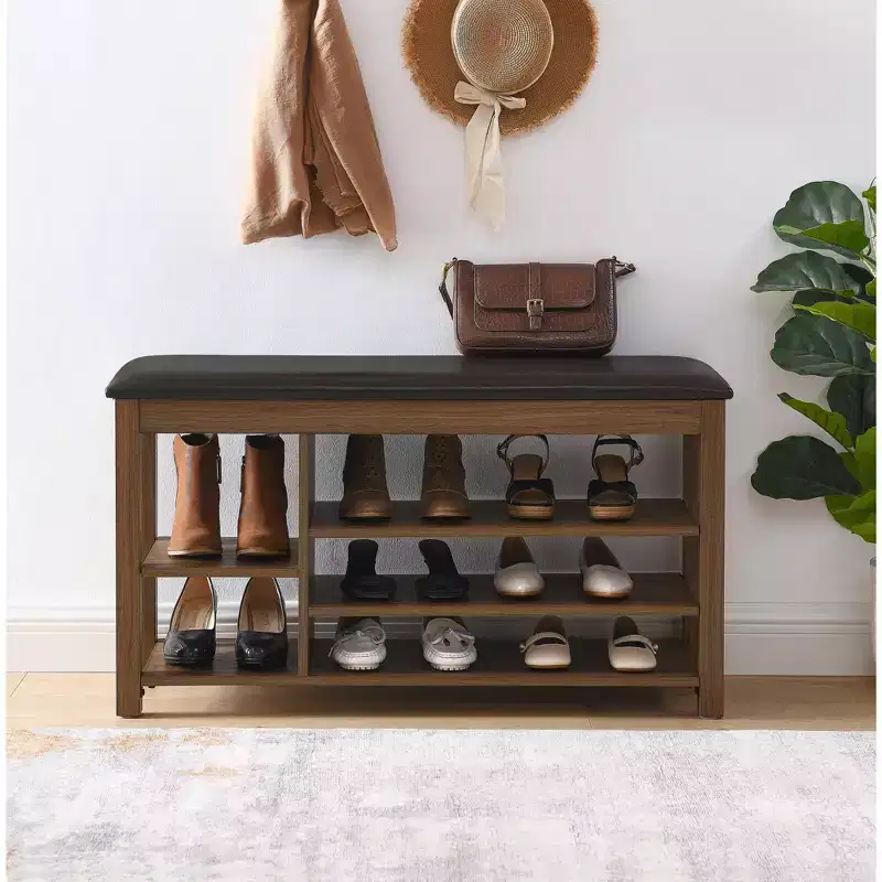 Natural Rubberwood Long Shoe Bench with Concealed Storage  Nordic Style Entryway Organizer